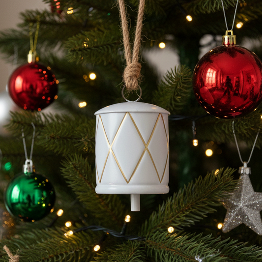 Decorative white bell with gold geometric patterns hanging on a Christmas tree with red and green ornaments.