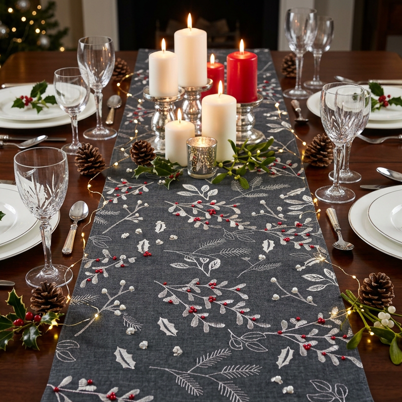 Pewter Berry Beads Christmas Table Runner by Peggy Wilkins