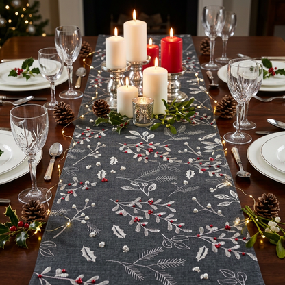 Pewter Berry Beads Christmas Table Runner by Peggy Wilkins