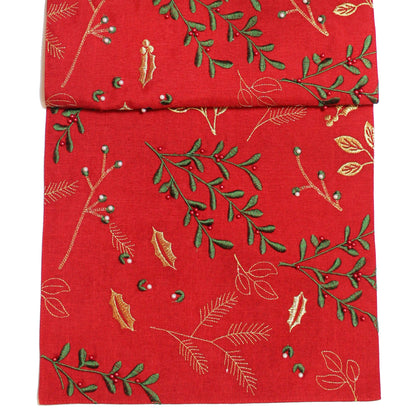 Red fabric with green leaf pattern on a white background