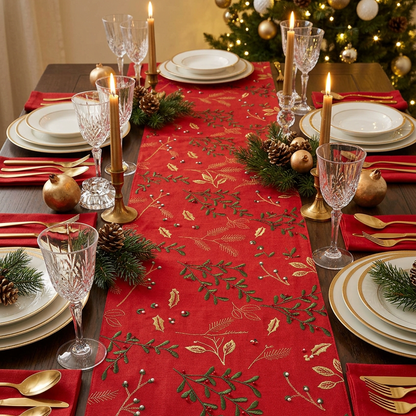 A festive Christmas table setting featuring a red table runner with gold and green embroidered holly and pine patterns, surrounded by white plates, gold cutlery, crystal glasses, candles, and pinecones.