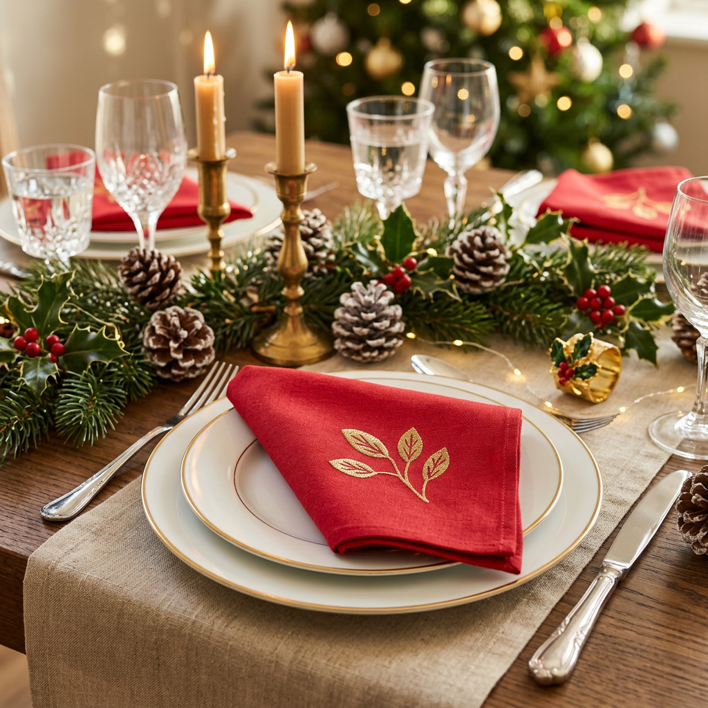 Christmas Red Berry Beads set of 4 Napkins by Peggy Wilkins
