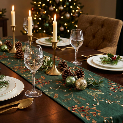 A dark green embroidered table runner with a festive holiday design, styled on a wooden dining table with gold candlesticks, wine glasses, pinecones, and Christmas ornaments.