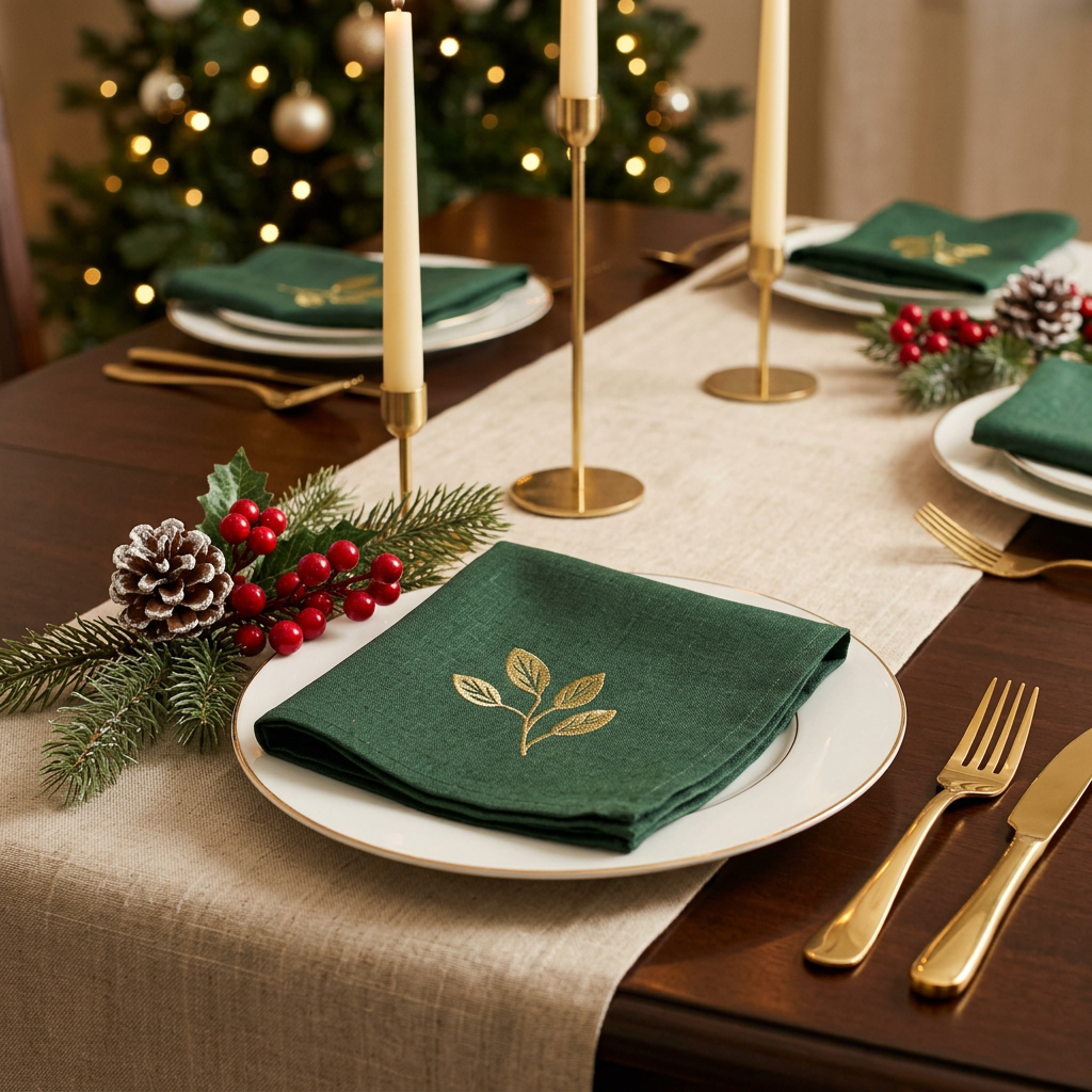 Christmas Green Berry Beads set of 4 Napkins by Peggy Wilkins