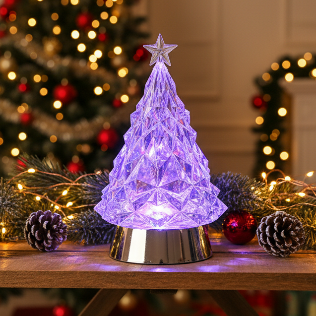 Decorative LED Christmas tree light on a table with festive background