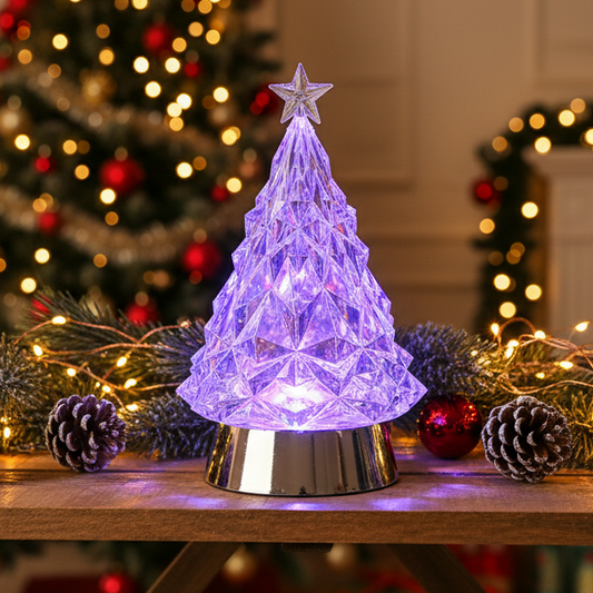Decorative LED Christmas tree light on a table with festive background