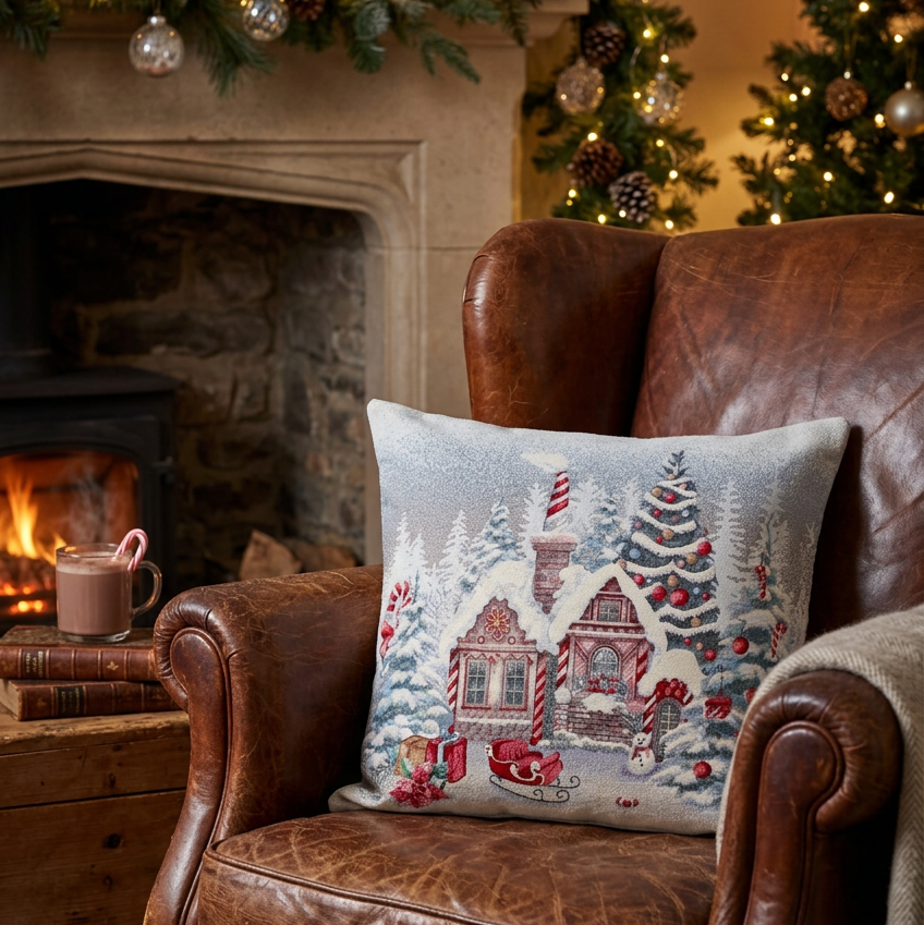 Candy Cottage Christmas Cushion by Peggy Wilkins