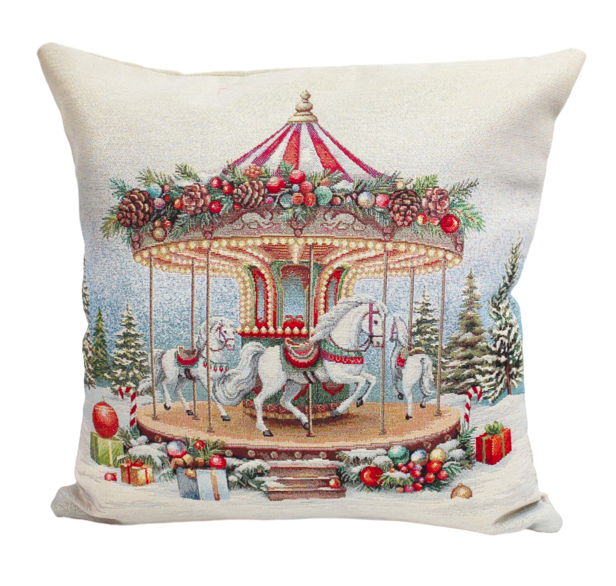 A square decorative throw pillow featuring a festive Christmas carousel design with white horses, red and white striped canopy, pine garlands, evergreen trees, and wrapped gifts on a snowy ground.