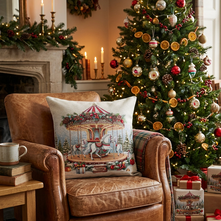 Carousel Christmas Cushion by Peggy Wilkins