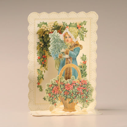 Girl with Flowers and Holly Christmas Cascade Card