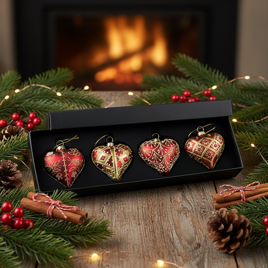 Four red and gold heart-shaped Christmas ornaments displayed in a black gift box on a rustic wooden table, surrounded by holiday greenery, pinecones, cinnamon sticks, and a warm fireplace in the background.