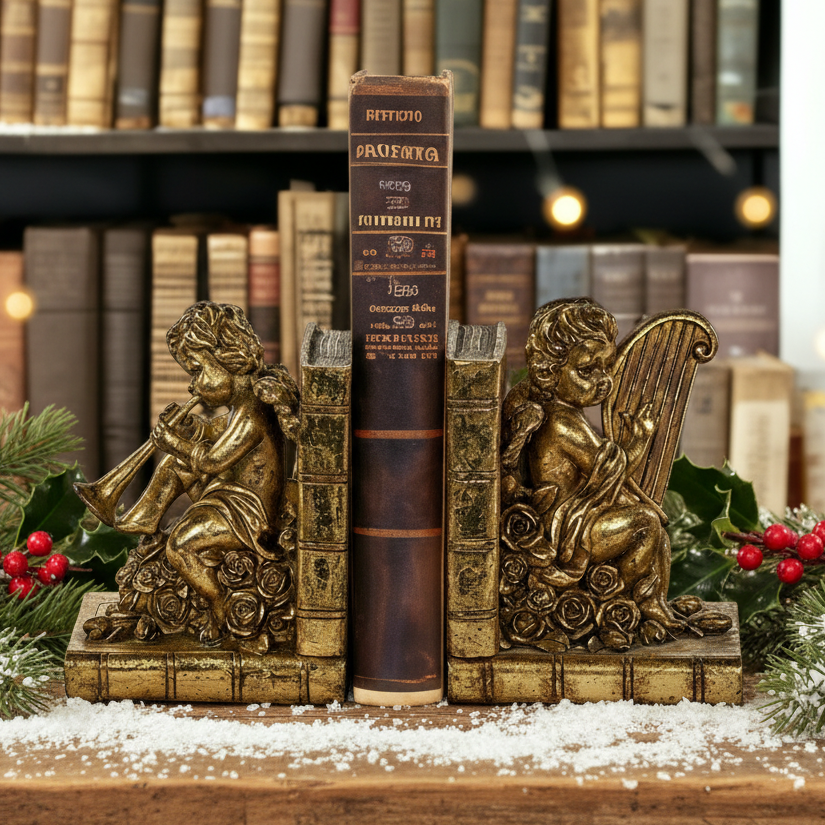 Two vintage gold cherub bookends with one bookend showing an angel playing a musical instrument and the other bookend showing an angel holding a harp. Both bookends are placed on a white surface with a background of books.