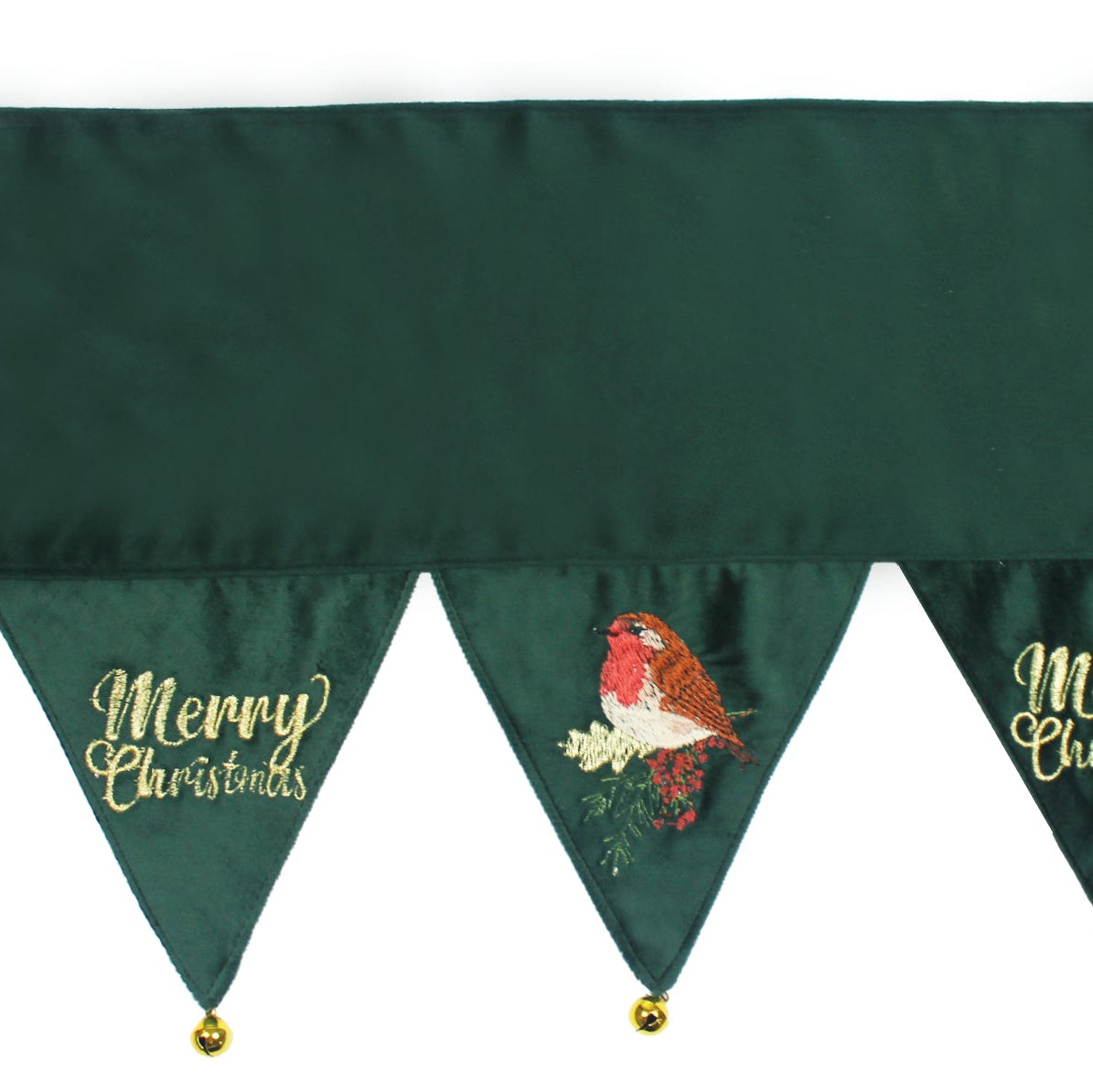 A dark green Christmas mantle piece runner with triangular pennants. The pennants feature gold 'Merry Christmas' script, red birds, and white mistletoe, finished with small gold ball bells at the tips.