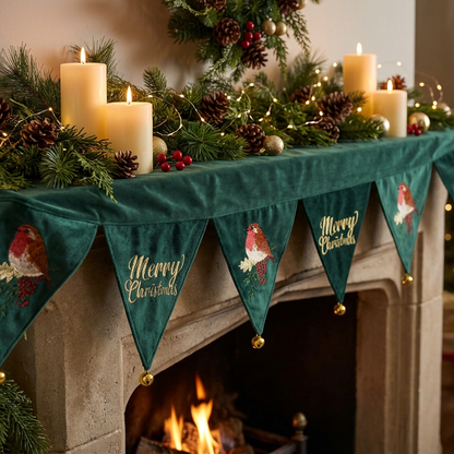 Frosted Feather Green Velvet Christmas Mantle Runner by Peggy Wilkins