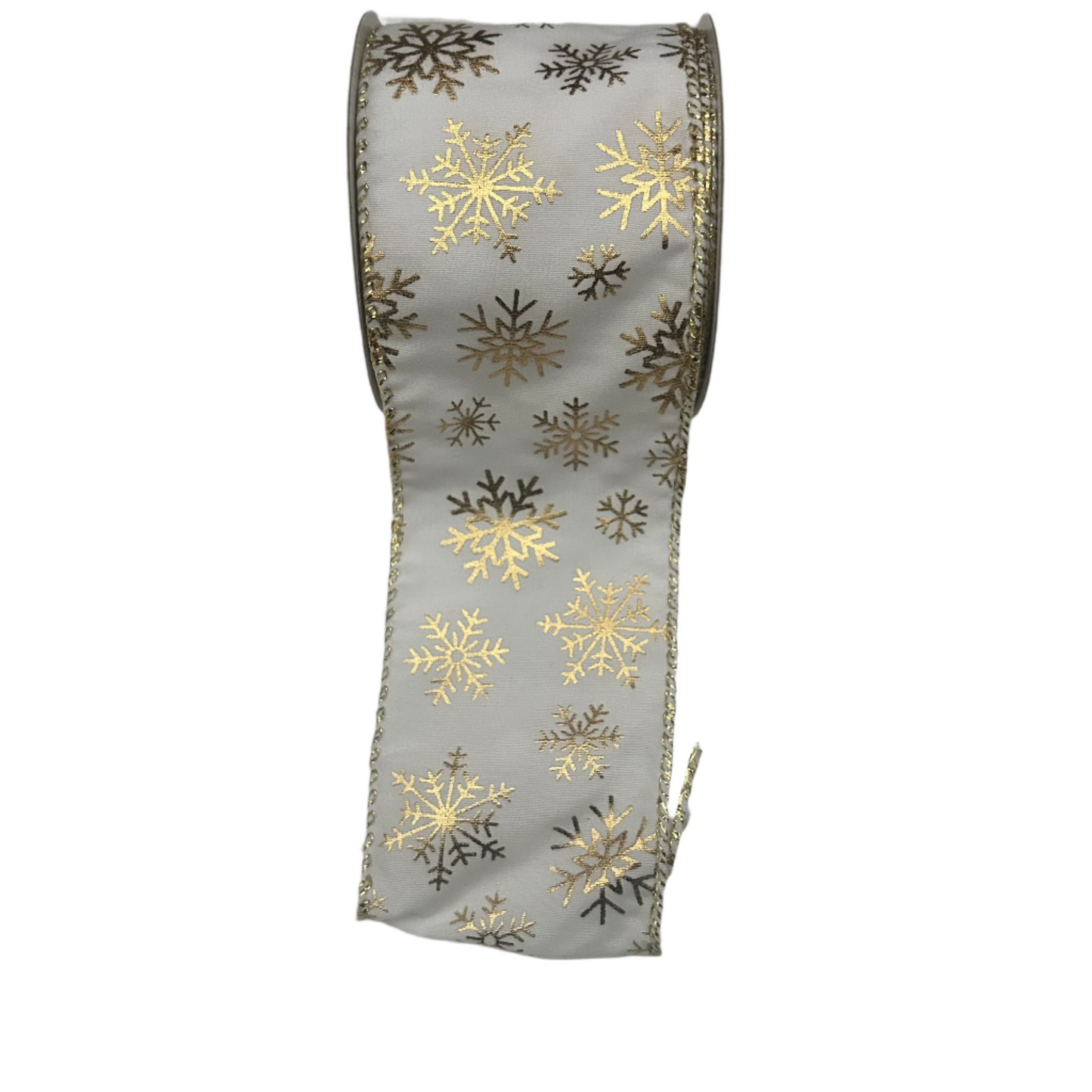 A 5-meter length of white and gold snowflake Christmas ribbon.