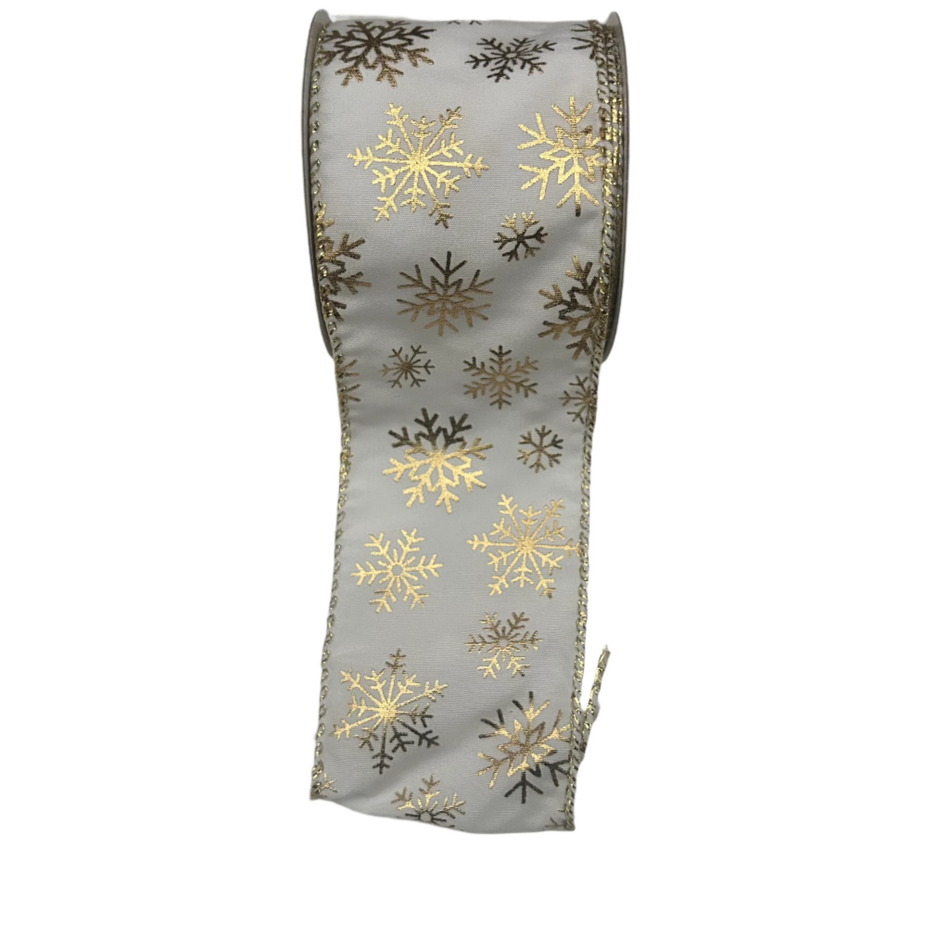 A 5-meter length of white and gold snowflake Christmas ribbon.