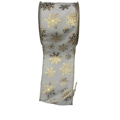 A 5-meter length of white and gold snowflake Christmas ribbon.