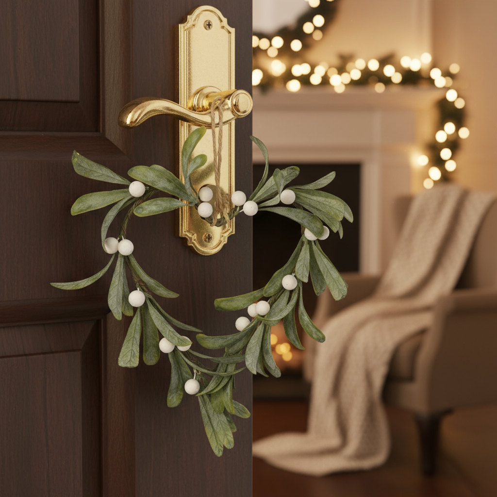 Decorative mistletoe wreath on a door handle with a cozy room in the background