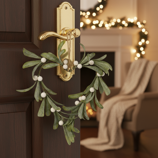 Decorative mistletoe wreath on a door handle with a cozy room in the background