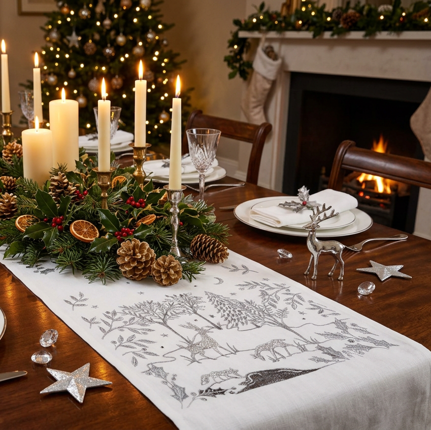 Glade White and Silver Christmas Table Runner by Peggy Wilkins