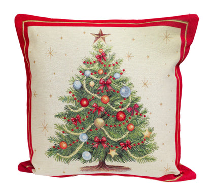 A square decorative throw pillow featuring a vintage-style Christmas tree design on a cream-colored fabric background with a red border.