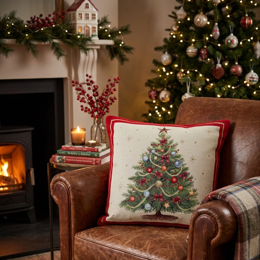 Golden Spruce Christmas Cushion by Peggy Wilkins