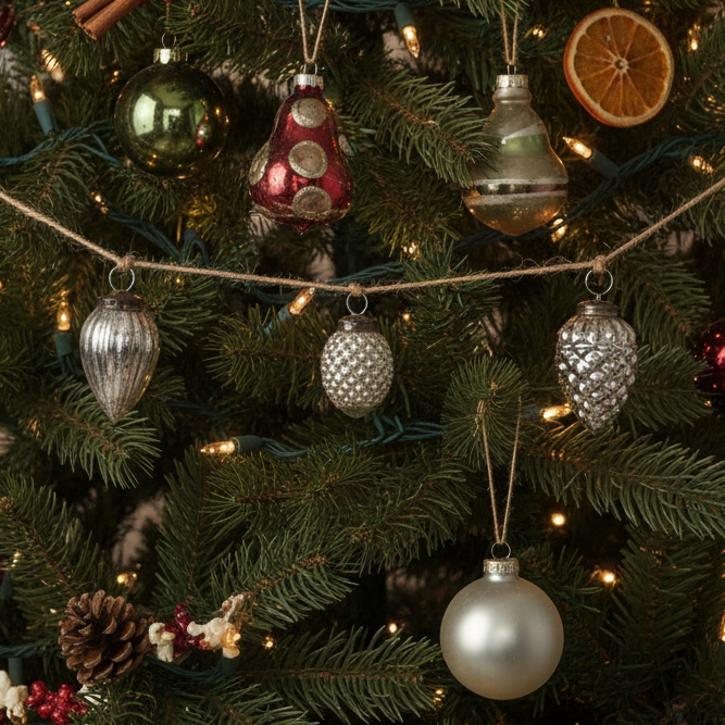 Close-up of a Christmas tree with ornaments and lights