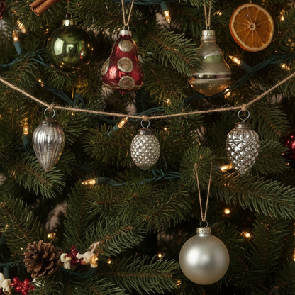 Close-up of a Christmas tree with ornaments and lights