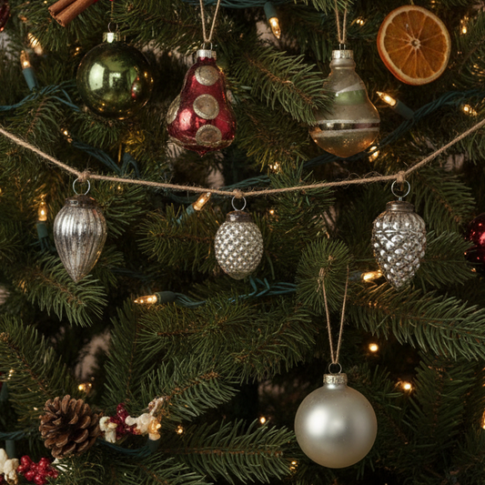 Close-up of a Christmas tree with ornaments and lights