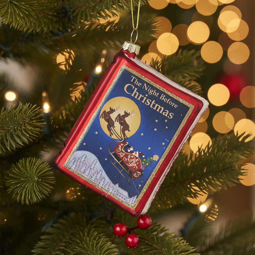 Decorative ornament shaped like 'The Night Before Christmas' book hanging on a Christmas tree.