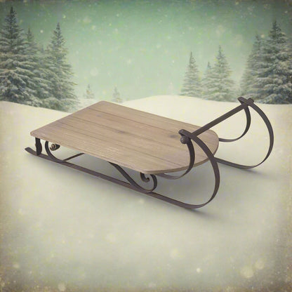 A wooden sledge decoration with a metal frame, designed as a festive display, cheeseboard, wall decoration