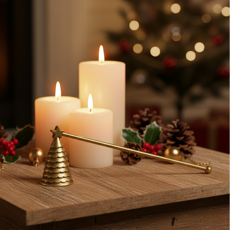 A gold Christmas tree-shaped candle snuffer on a wooden table beside three lit cream pillar candles, pinecones, holly, and small gold ornaments in a cosy holiday setting.