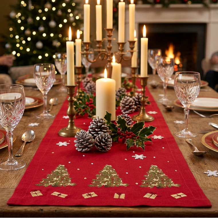 A festive Christmas table runner in red with gold-embroidered Christmas trees, small gifts, white snowflakes, and holly accents, styled on a wooden dining table with candles, wine glasses, and pinecones.