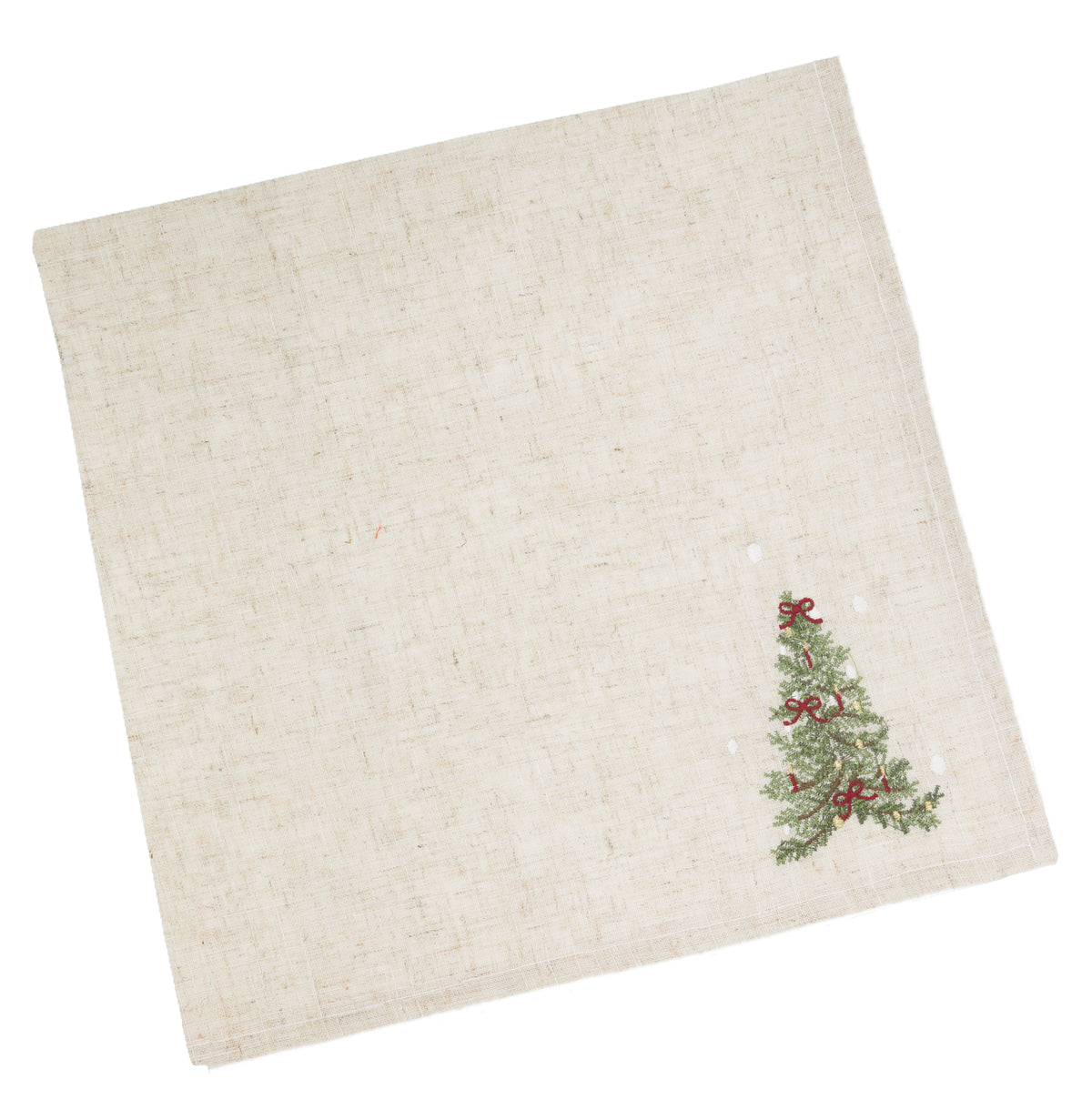 An off-white linen napkin featuring a small embroidered Christmas tree with green needles and red bows in the bottom right corner, shown on a plain white background.