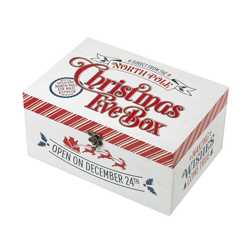 A wooden Christmas Eve box with a 'North Pole' and 'Open on December 24th' inscription, featuring a keyhole on the front.