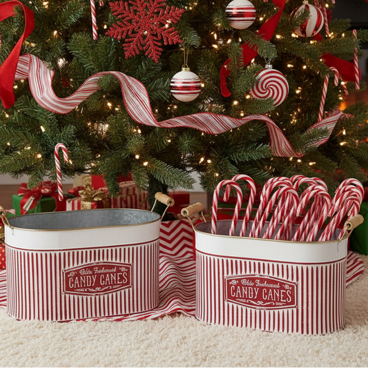 Set of 2 Christmas Candy Cane Metal Display Buckets