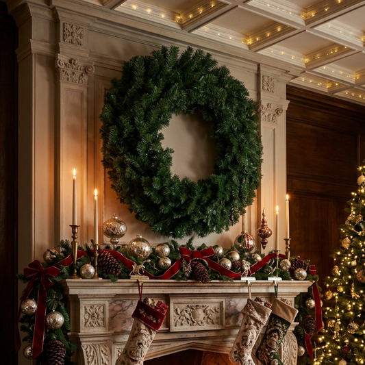 A large green Christmas wreath hangs on an ornate cream fireplace mantel decorated with lit candles, gold and silver ornaments, red ribbons, pinecones, and hanging stockings. A decorated Christmas tree is visible at the right edge.