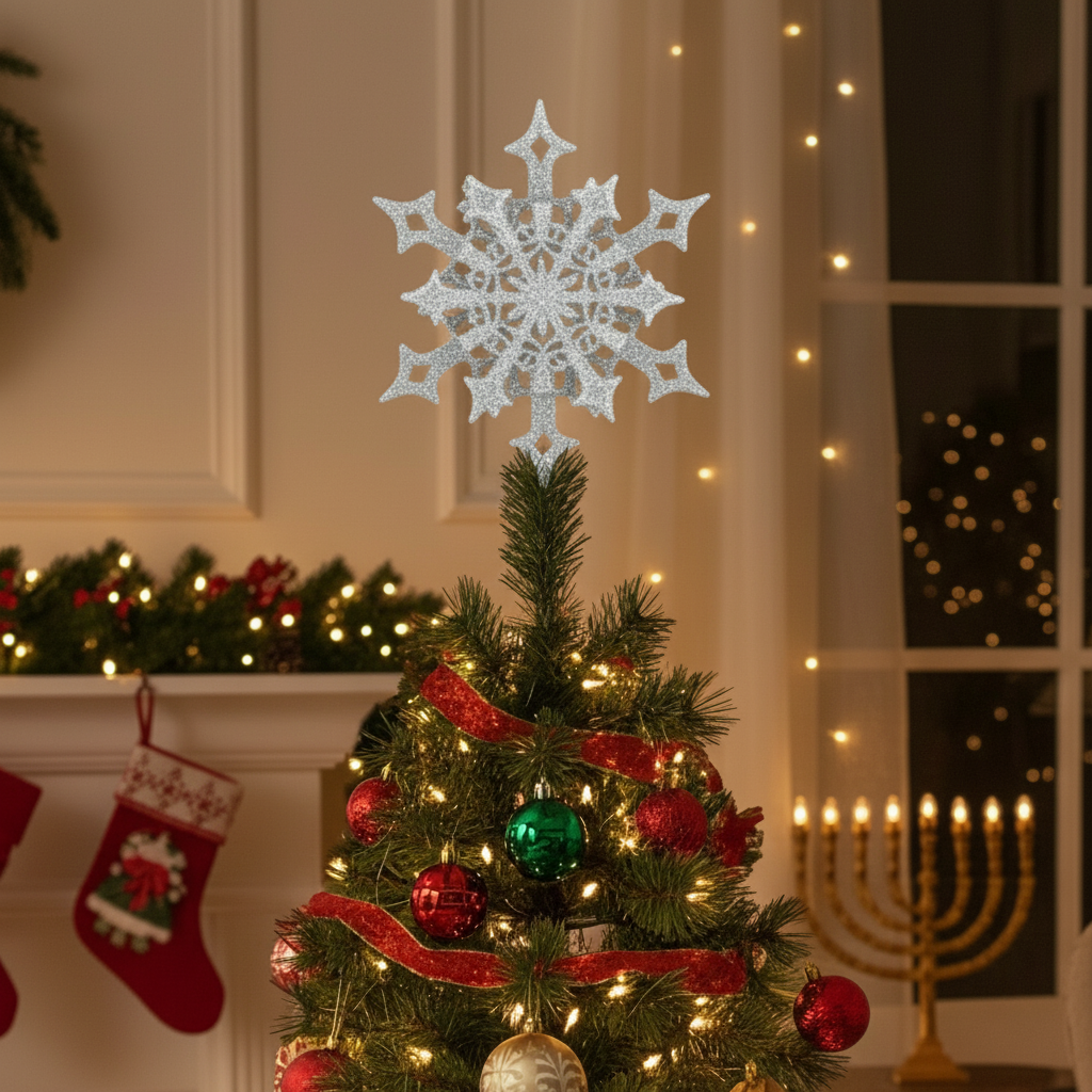 A silver glittery snowflake-shaped ornament designed to be hung on the top of a Christmas tree.