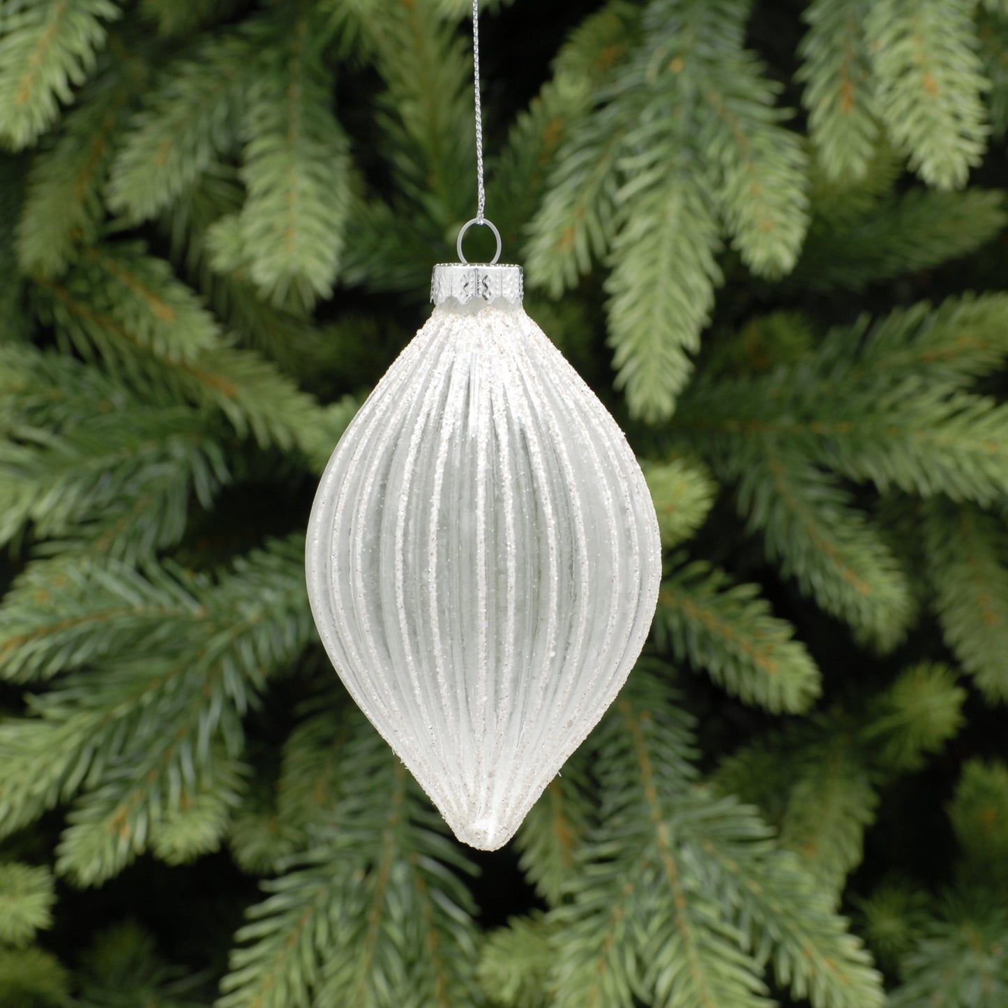 Frosted Ridged Olive Shape White Christmas Tree Decoration