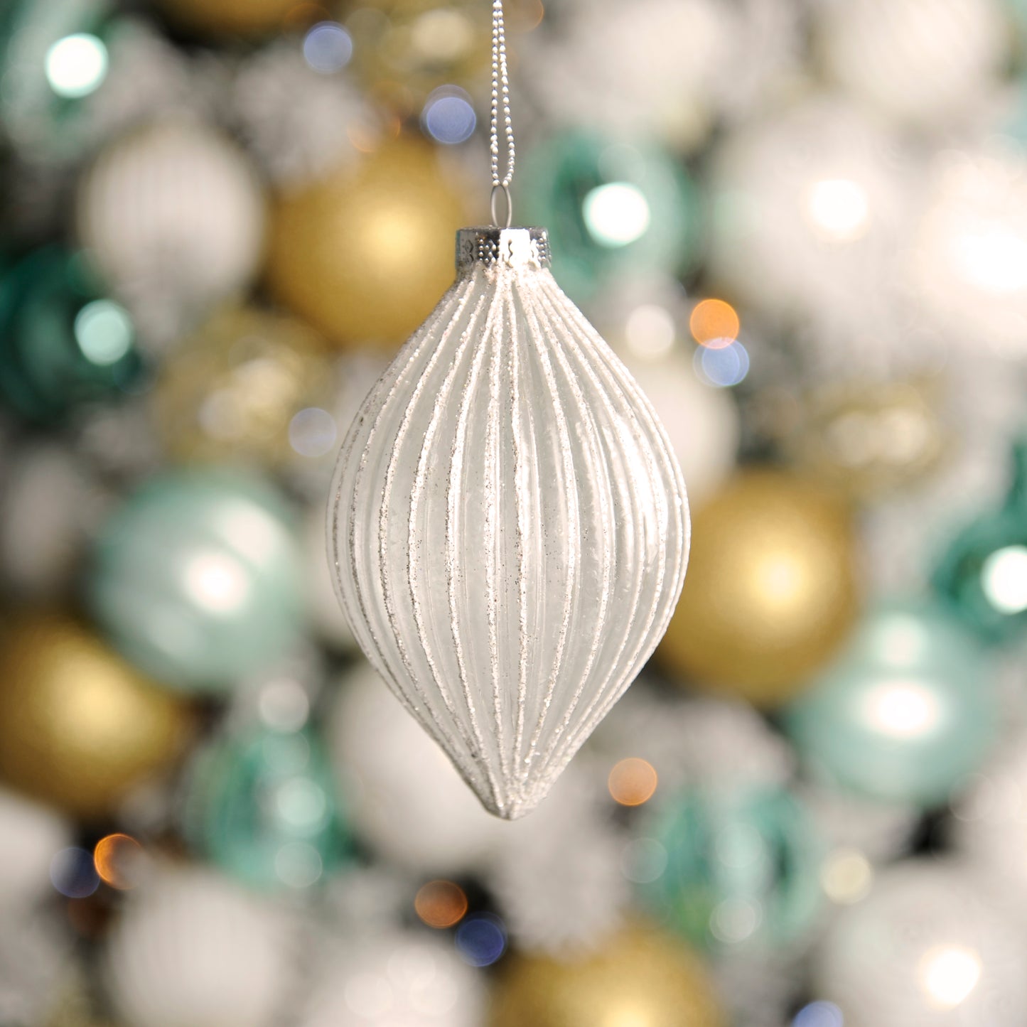 Frosted Ridged Olive Shape White Christmas Tree Decoration