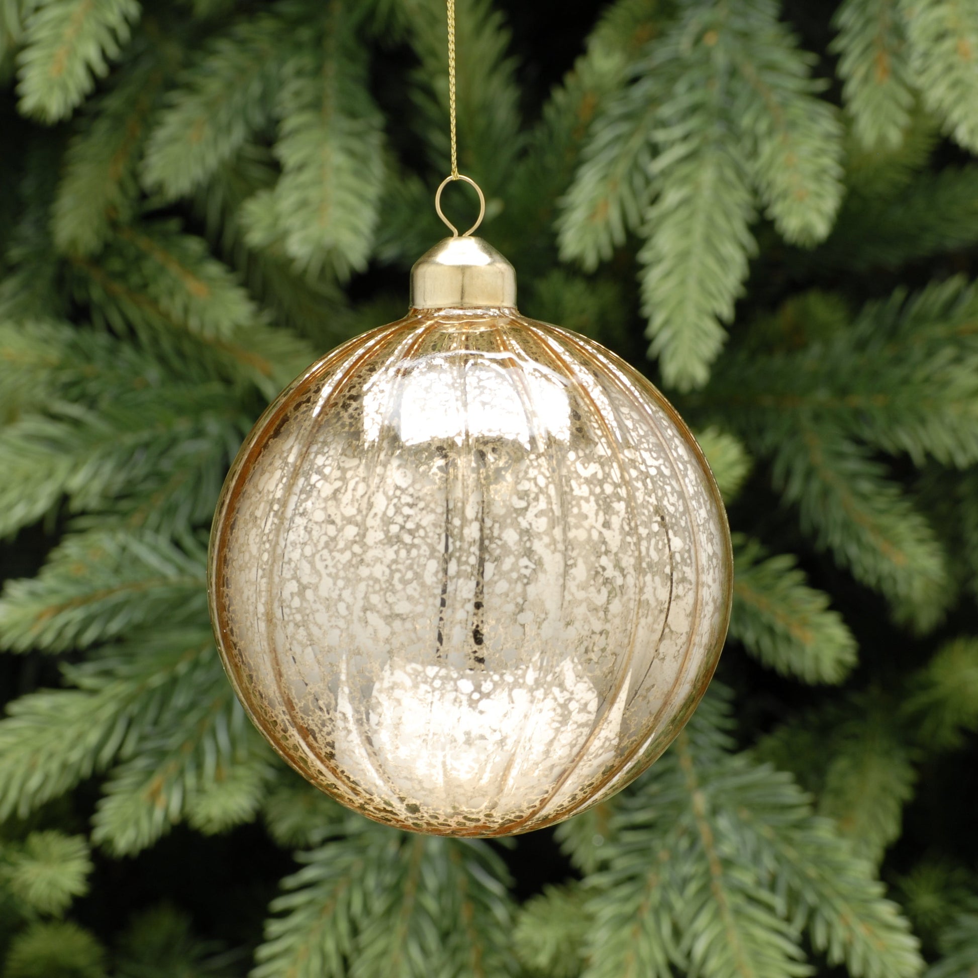 Decorative glass ornament hanging on a Christmas tree