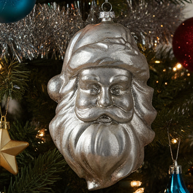 Silver Santa Head 13cm Christmas Hanging Bauble Decoration