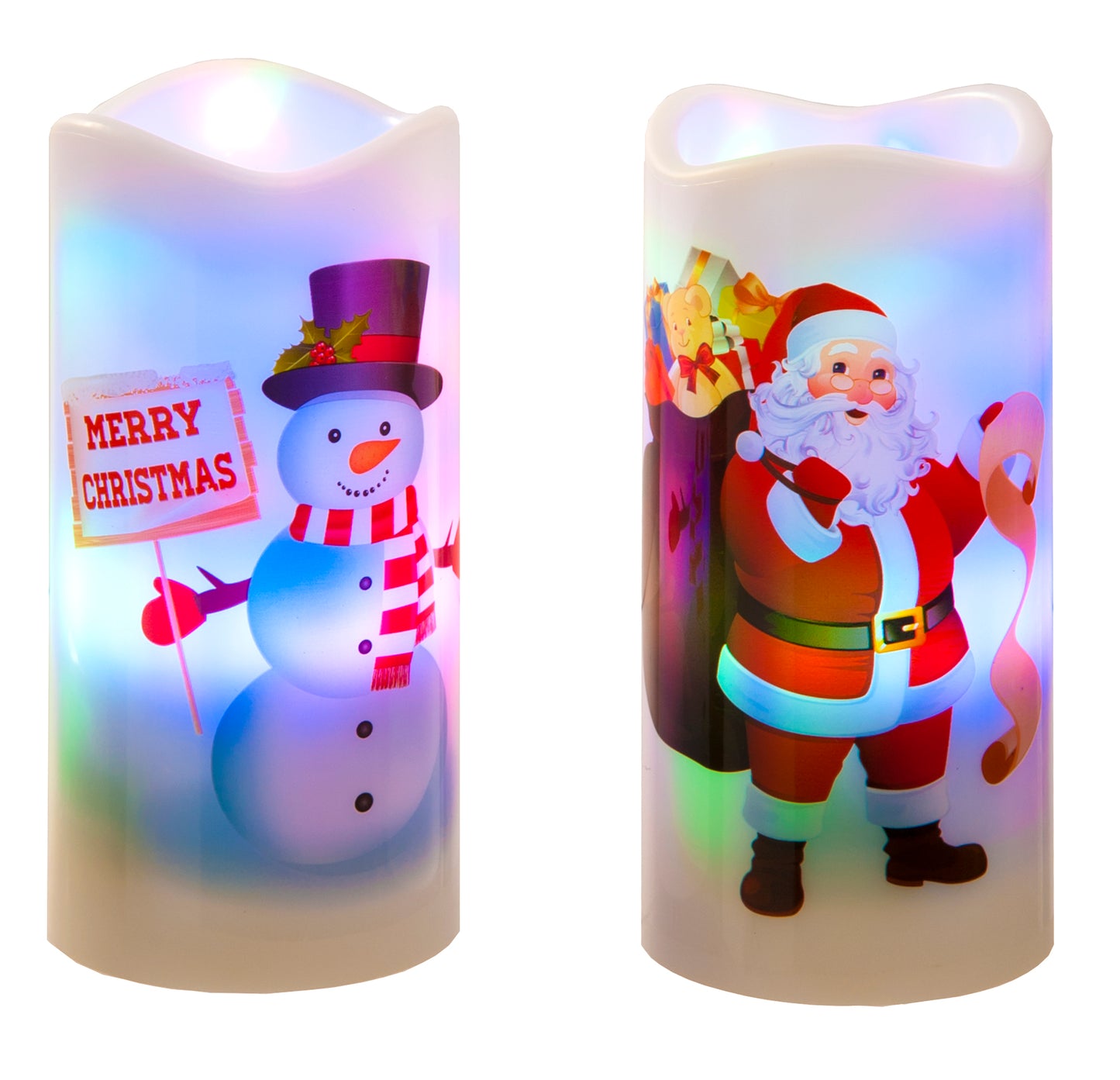 Two flameless LED pillar candles shown side by side, one featuring a snowman with a 'Merry Christmas' sign and the other featuring Santa Claus, both glowing with a multicolor iridescent effect.