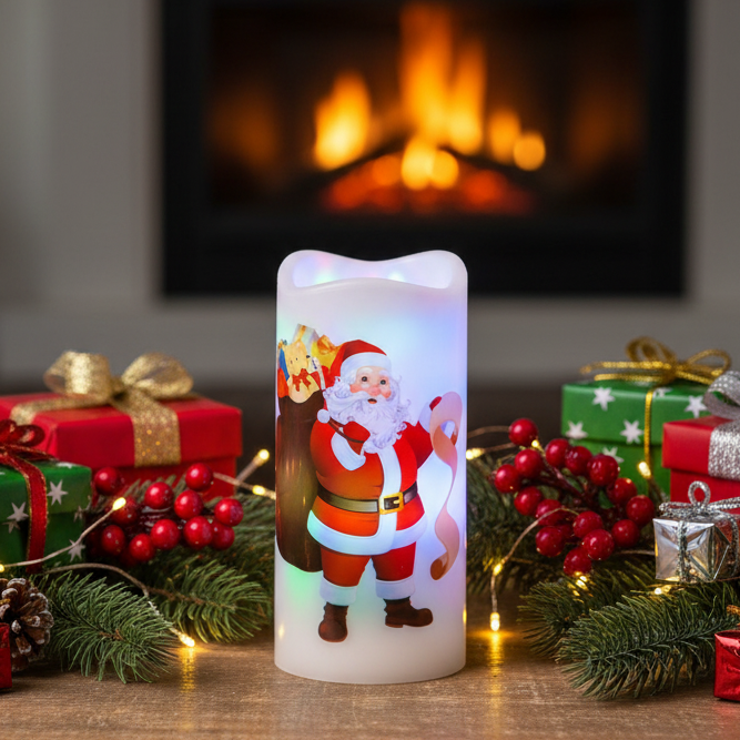 A cylindrical LED candle-style night light featuring a printed illustration of Santa Claus carrying a sack of gifts, shown on a plain white background with colorful light glow around the edges.