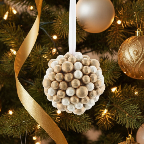 Gold & White Berry Cluster Ball Christmas Decoration