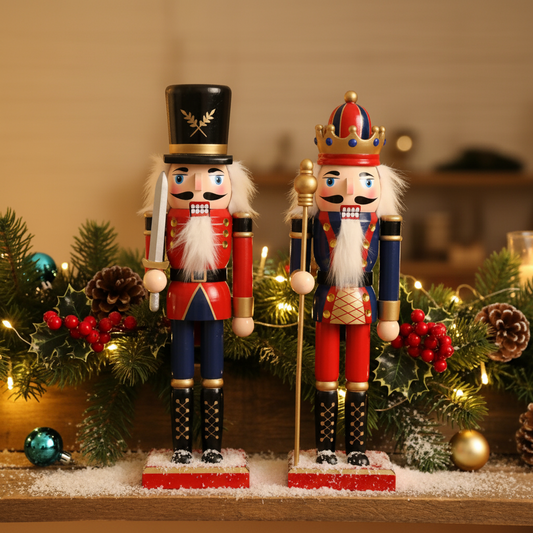 Two decorative Christmas nutcracker figurines standing on a snowy surface in front of holiday greenery with lights and berries. One nutcracker wears a black hat and red-and-blue coat, and the other wears a red crown and matching red-and-blue coat.