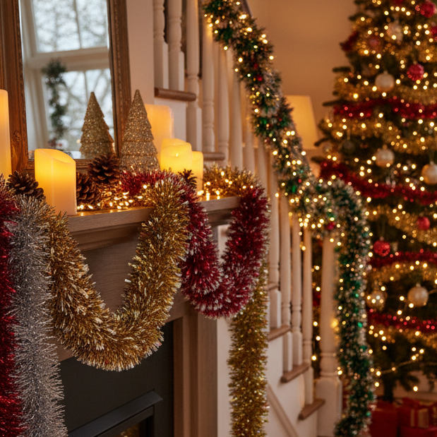 Christmas holiday decor featuring tinsel garlands in gold, red, silver, and green draped over a fireplace mantel and staircase railing, alongside lit candles and a decorated Christmas tree.