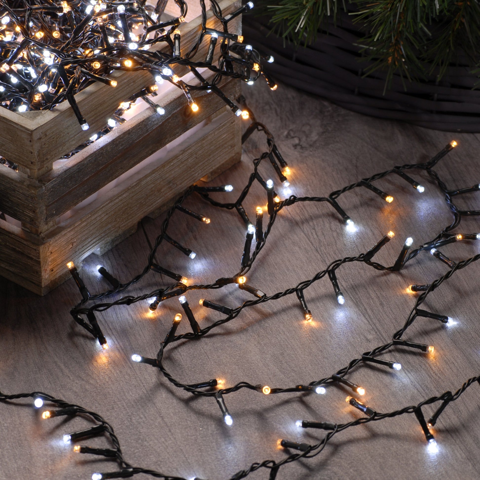 A set of festive Christmas tree lights with a mix of white and warm white bulbs, arranged on a wooden surface, indoors, with a Christmas tree in the background.