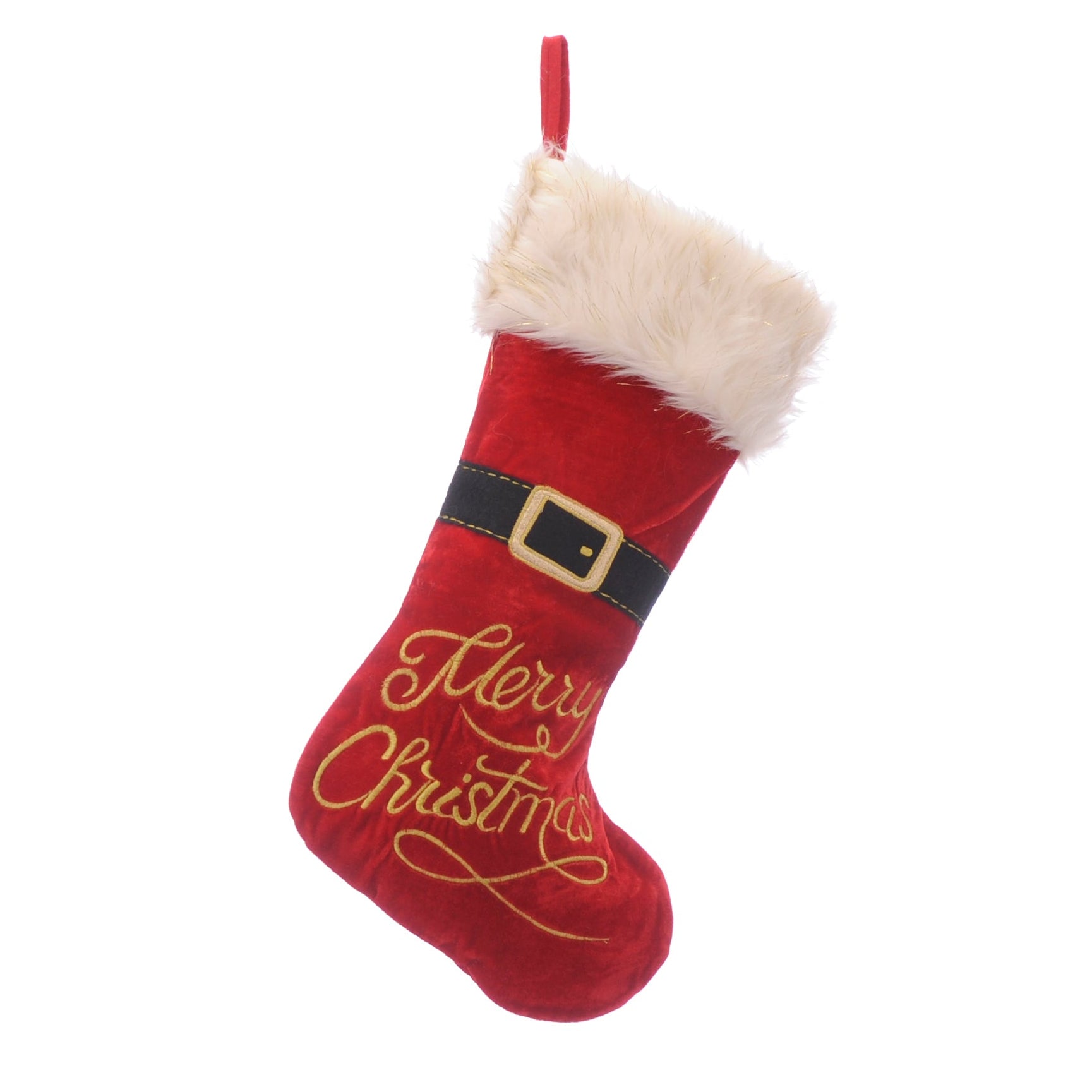 A red Christmas stocking with faux fur trim, a black belt detail with a gold buckle, and gold 'Merry Christmas' script on the front, shown against a plain white background.