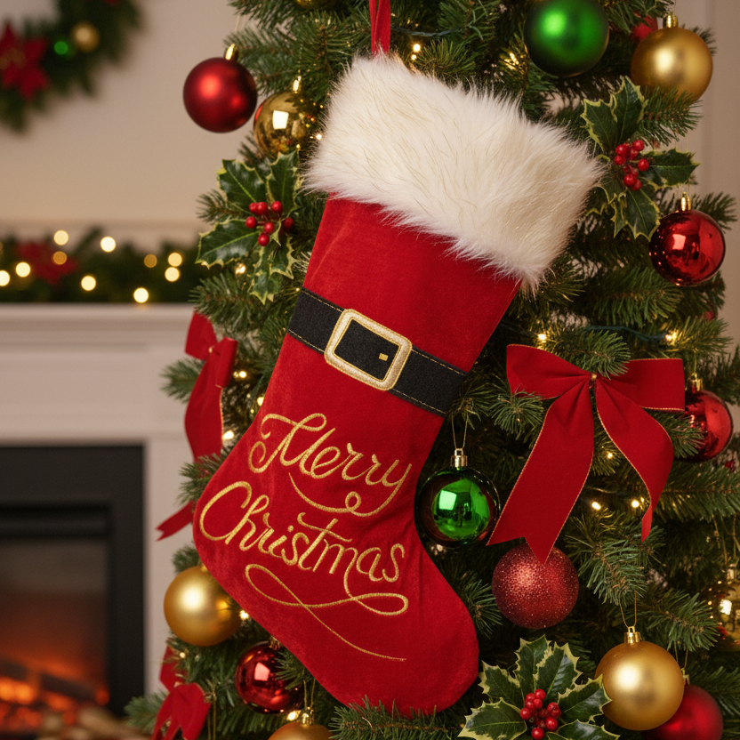 Red Plush Christmas Stocking with Santa Belt